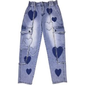 Oli & Hali Womens Heart Patch Boho Stretch Cargo Pants Blue Jean High Waist L